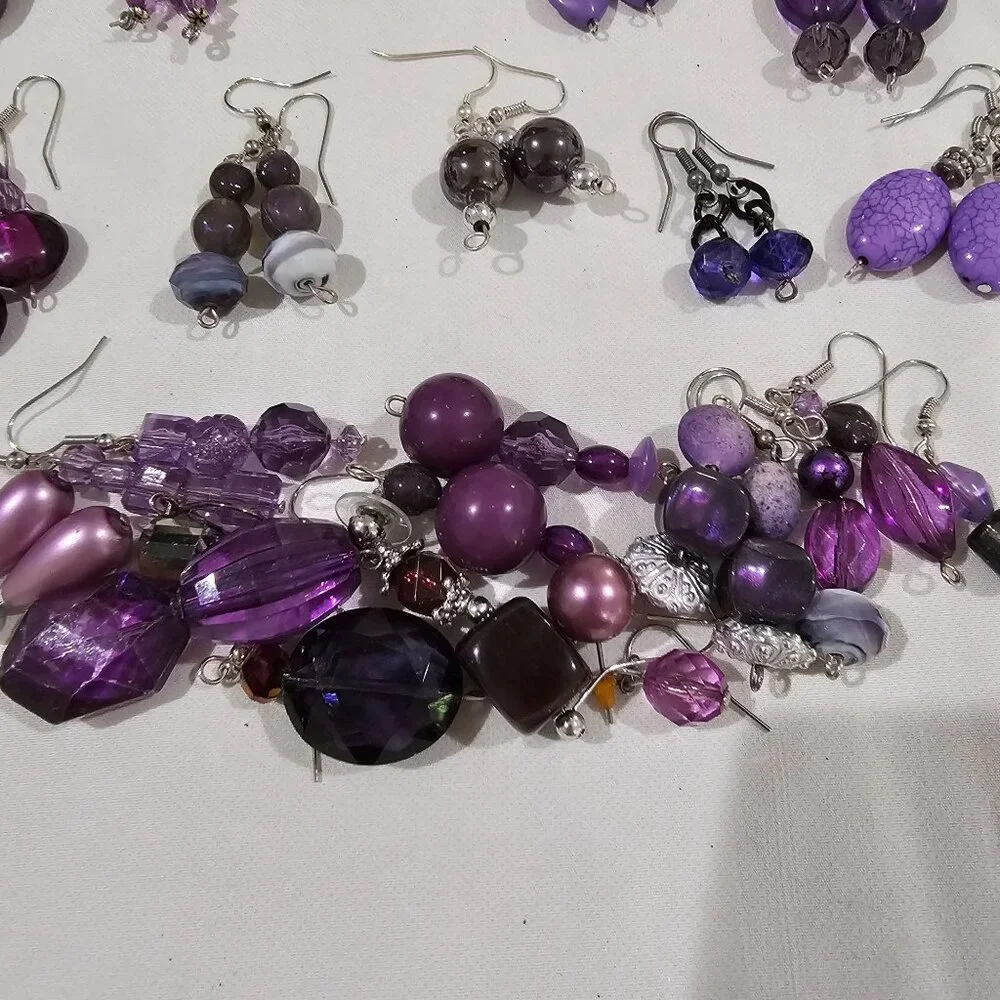 Purple Bead Earrings / Lot of 14 /‎ also miscellaneous mismatched pieces